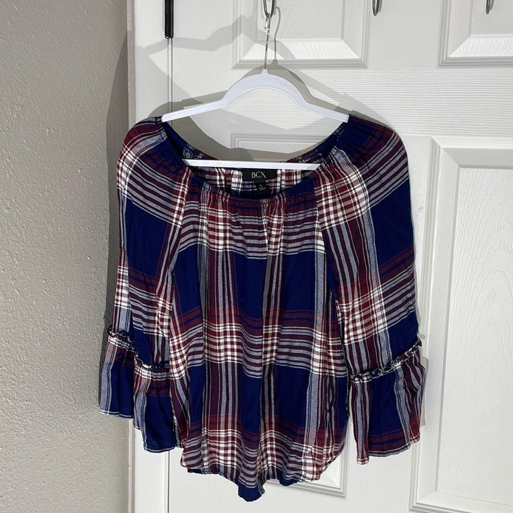 Off the shoulder flannel shirt
